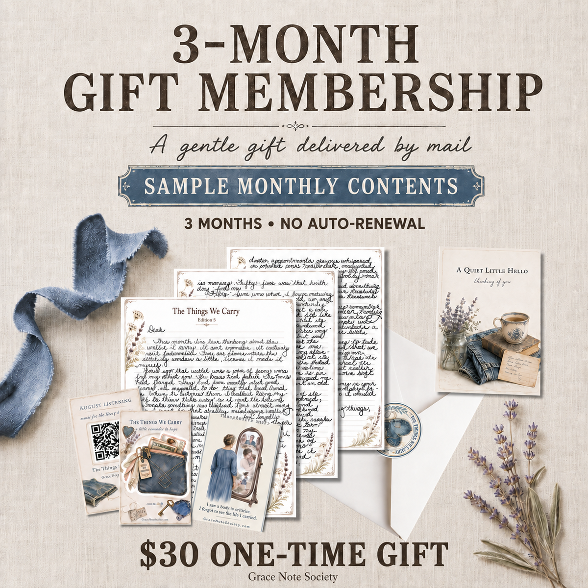 Grace Note Society 3-month gift membership, $30 one-time gift with sample monthly contents and no auto-renewal
