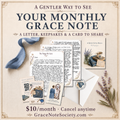 Complete Grace Note Society monthly snail-mail membership with letter, keepsakes, playlist, card, sticker and envelope — $10 per month
