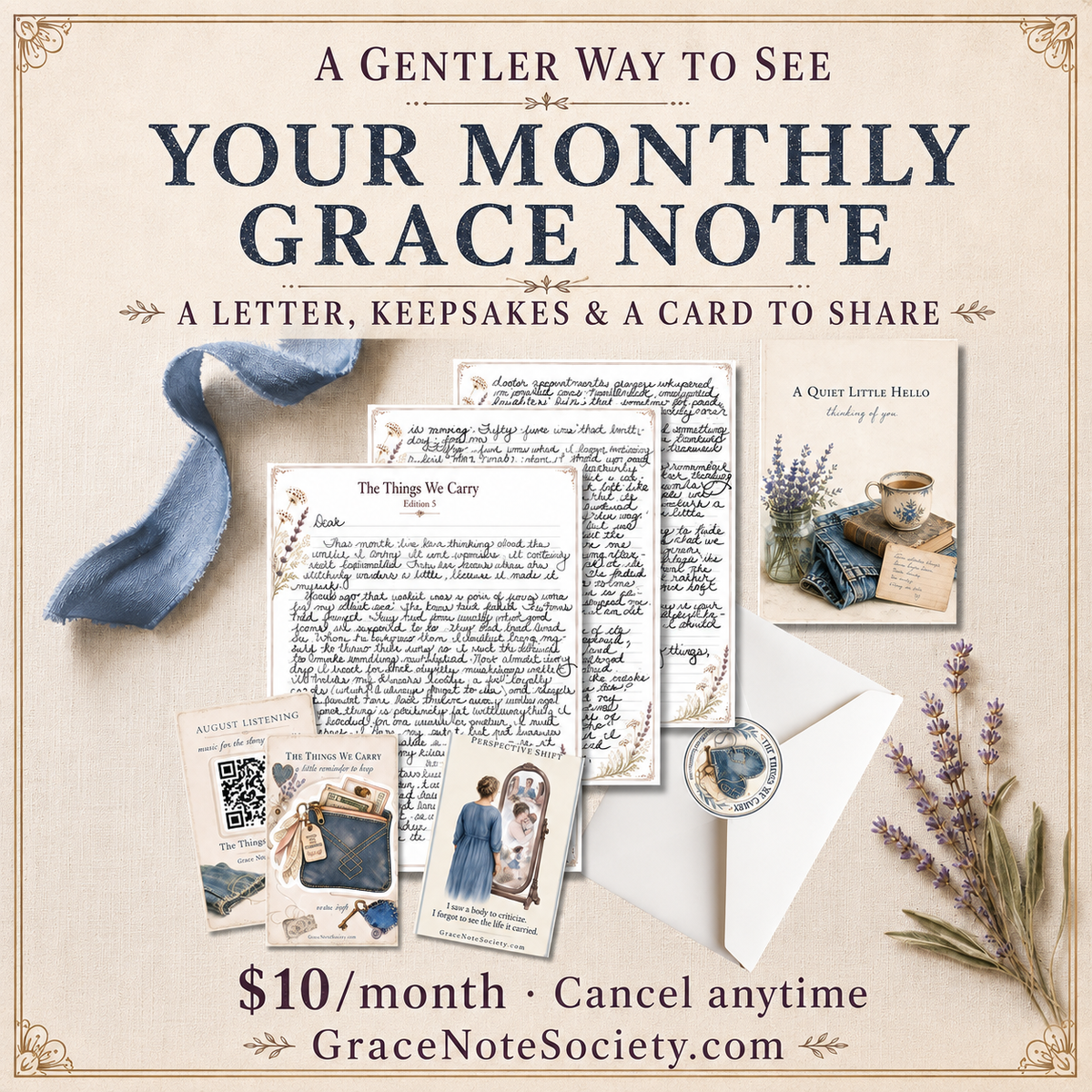 Complete Grace Note Society monthly snail-mail membership with letter, keepsakes, playlist, card, sticker and envelope — $10 per month