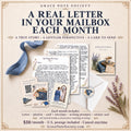 Grace Note Society monthly snail-mail subscription with letter, playlist, card, envelope, writing prompts, sticker seal, and decorative mailing envelope