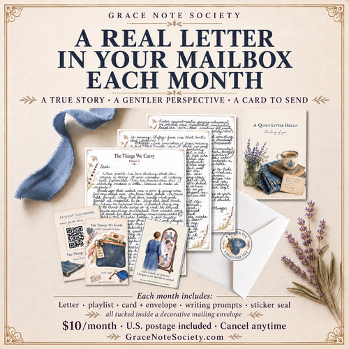 Grace Note Society monthly snail-mail subscription with letter, playlist, card, envelope, writing prompts, sticker seal, and decorative mailing envelope